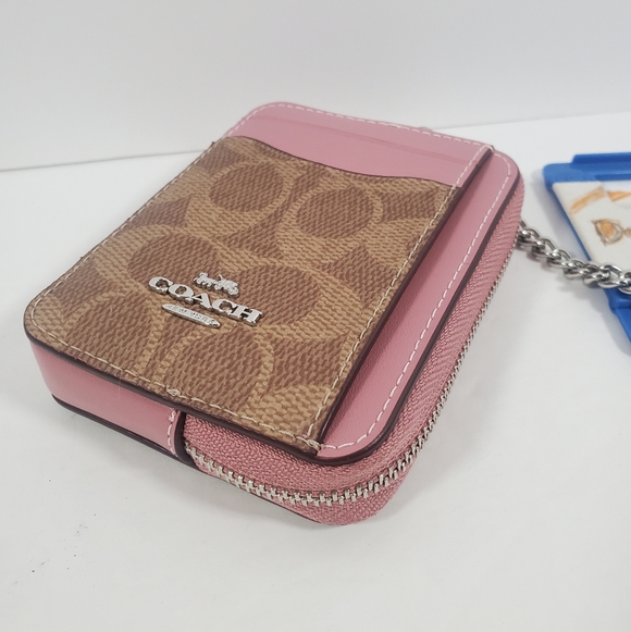 Coach Zip Card Case In Signature Canvas CW883 Tan/Dusty Pink NWT - Picture 3 of 5